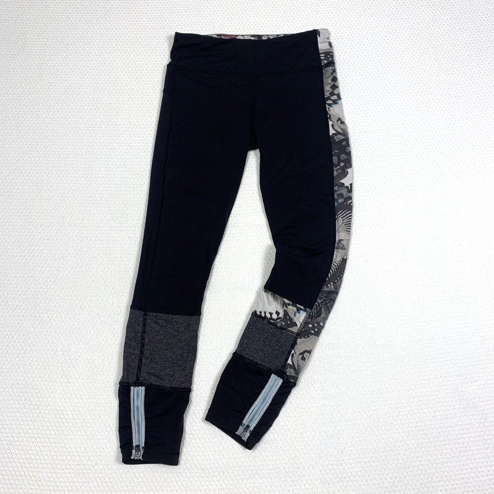 Lululemon Run The World Tight 23" Crop Butterfly Mesh Black Size 4 Ankle Zippers